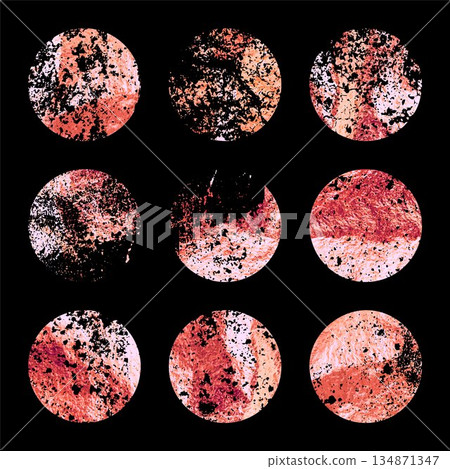 Grunge rose gold foil, shiny handmade circles. Golden glittering texture, pattern. Luxury shining hand drawn background. Wedding, greeting card decoration elements. Modern art. Vector illustration 134871347