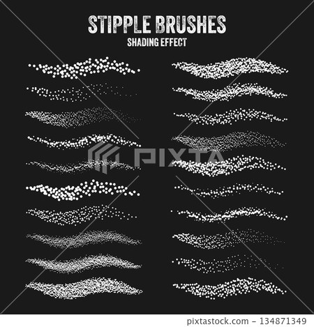 Ink scatter brush, stipple drawing and texturing. Fading gradient. Stippling, dotwork drawing, shading using dots. Halftone disintegration effect. White noise grainy texture. Vector illustration 134871349