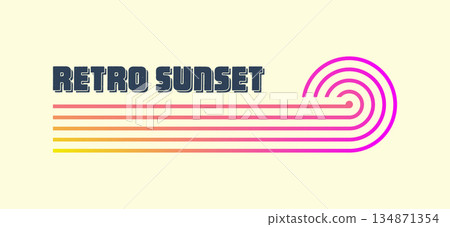 Vintage colorful sunset. Various gradient striped sunrise badges in 80s and 90s style. Sun and ocean view, summer vibes, surfing. Design element for print, logo or t-shirt. Vector illustration 134871354