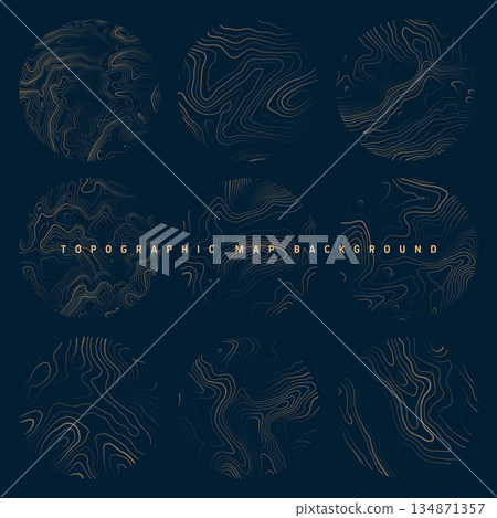 Colorful topographic maps with contour lines. Geographic terrain grid, relief height elevation. Ground path pattern. Travel and navigation, cartography design element. Vector illustration 134871357