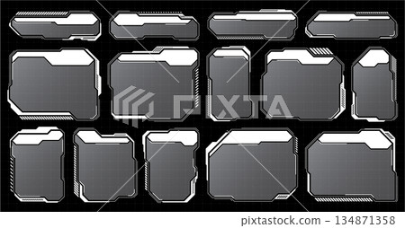 White futuristic HUD, UI elements. Sci-fi user interface text boxes, callouts. Warning message frames, information boxes template. Modern game interface layout in digital style. Vector illustration 134871358