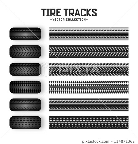 Tire tracks, rubber wheels, and braking marks. Truck, car, or motorcycle tread pattern silhouettes. Perfect for auto racing, motorsport, and speed-related designs. Vector illustration Tire tracks, rubber wheels, and braking marks. Truck, car, or motorcycle tread pattern silhouettes. Perfect for auto racing, motorsport, and speed-related designs. Vector illustration 134871362