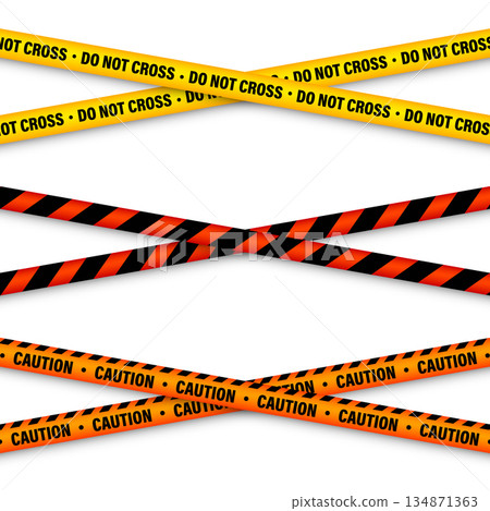 Barricade construction tape. Colorful police warning line, brightly colored danger or hazard stripe, ribbon. Restricted area, zone. Attention symbol. Vector illustration 134871363