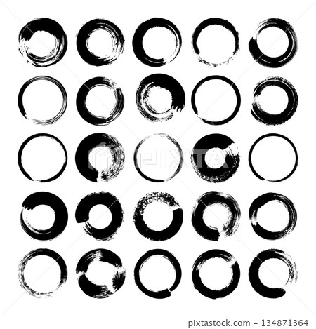 Grunge circles, brush strokes, lines, ink smudges, hand-drawn scribble shapes. Handmade sketchy marks, acrylic stains, charcoal streaks. Paint textures, dry brush effect. Vector illustration 134871364