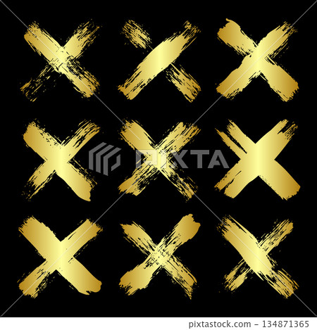 Golden grunge crosses, brush strokes, lines, ink smudges, hand-drawn scribble shapes. Handmade sketchy marks, acrylic stains, charcoal streaks. Paint textures, dry brush effect. Vector illustration 134871365