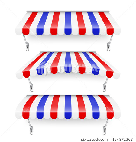 Shop sunshade with metal holder. Realistic striped cafe awning. Outdoor market tent. Roof canopy in French flag colors. Summer street store. Vector illustration Shop sunshade with metal holder. Realistic striped cafe awning. Outdoor market tent. Roof canopy in French flag colors. Summer street store. Vector illustration 134871368