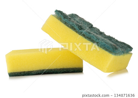 Dish scrubbing sponge isolated on white background Dish scrubbing sponge isolated on white background 134871636