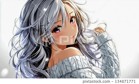 一位美麗的銀髮女孩，穿著露肩針織衫 134871771