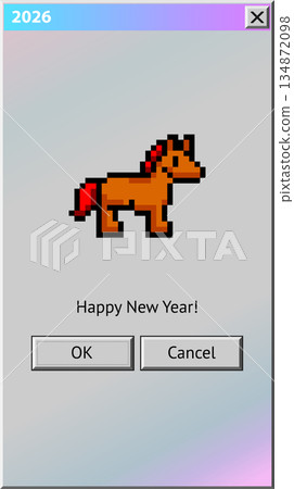 2026 New Year themed dialogue box with blue dragon. Abstract vaporwave, y2k aesthetics window with 90s style system message 134872098