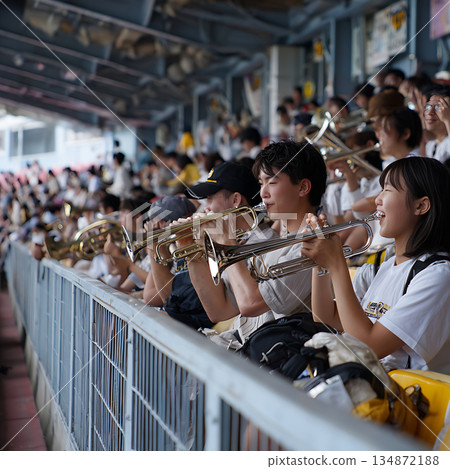 看台上，一支學生銅管樂隊正在表演。 134872188