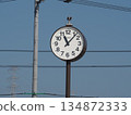 The electric wires stretching into the blue sky and the clock symbolize time and everyday life. 134872333