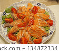 Fresh salmon carpaccio-style appetizer 134872334