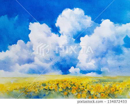 Watercolor sunflower field and cumulonimbus cloud AI image 134872433