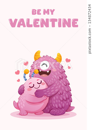Happy Valentines Day card with cute fantasy characters hugging in soft pastel style 134872434