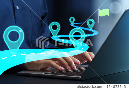 Business and development roadmap. Goal setting strategy and milestones. Project planning on laptop 134872543