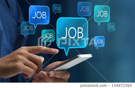 Job search using smartphone. Online job posting and recruitment. Job information on job portal site. Internet 134872564