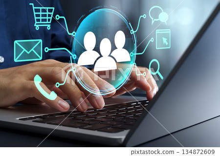 Customer relationship management CRM system. Customer data analysis for improving customer experience. Businessman using laptop 134872609