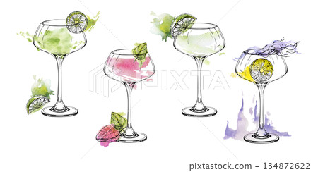 Coupe glasses with Margarita, martini, daiquiri cocktails, flaming clear vodka, gin or sambuca alcohol. Watercolor and ink set hand drawn for event invitations, party decor, or beverage branding. 134872622