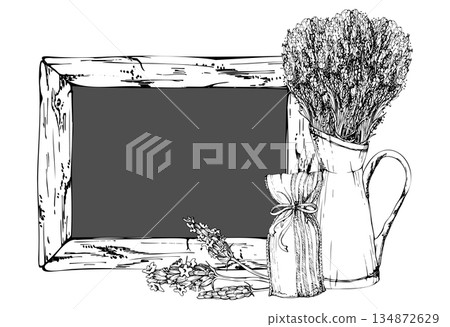 Vintage chalkboard in distressed wooden frame, lavender sachet scented bag, metal jug with lavandula bouquet. Isolated illustration hand drawn in vector ink. Handmade bouquet, eco gift, farmers market Vintage chalkboard in distressed wooden frame, lavender sachet scented bag, metal jug with lavandula bouquet. Isolated illustration hand drawn in vector ink. Handmade bouquet, eco gift, farmers market 134872629