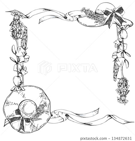 Streaming serpentine ribbons, Sunhat with fresh lavender and bow. Isolated corner square frame illustration hand drawn in vector ink. Farmgirl aesthetic, countryside event logo, romantic lifestyle art 134872631