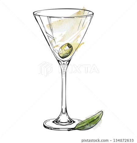 Dry Martini cocktail glass with olive fruit and leaf garnish, minimalist ink and watercolor mix. Clear liquid splash. Isolated hand drawn image for cocktail bar branding, menu layout, digital clipart. Dry Martini cocktail glass with olive fruit and leaf garnish, minimalist ink and watercolor mix. Clear liquid splash. Isolated hand drawn image for cocktail bar branding, menu layout, digital clipart. 134872633