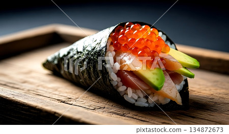 Wabi-sabi aesthetic. a single piece of temaki resting on a time-worn wooden tray, the rough texture contrasting with glossy tobiko, natural light revealing every crack, imperfection Wabi-sabi aesthetic. a single piece of temaki resting on a time-worn wooden tray, the rough texture contrasting with glossy tobiko, natural light revealing every crack, imperfection 134872673
