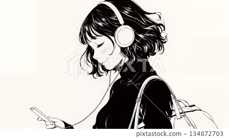 一位年輕女子開心地看著她的智慧型手機螢幕（簡單的色彩） 134872703