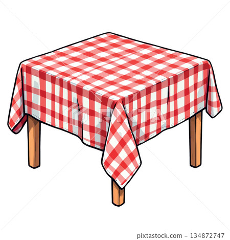 Vsai picnic table featuring a red gingham checkered tablecloth Vsai picnic table featuring a red gingham checkered tablecloth 134872747