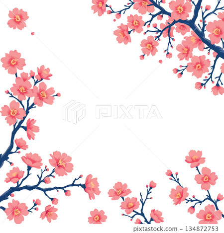 Vsai cherry blossom branches framing white copy space background Vsai cherry blossom branches framing white copy space background 134872753