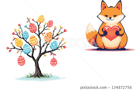 Vsai fox holding heart next to easter egg tree 134872756