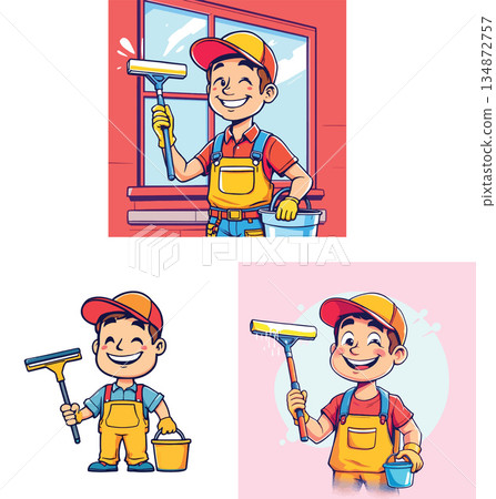 Vsai smiling cartoon window cleaner holding squeegee and bucket Vsai smiling cartoon window cleaner holding squeegee and bucket 134872757