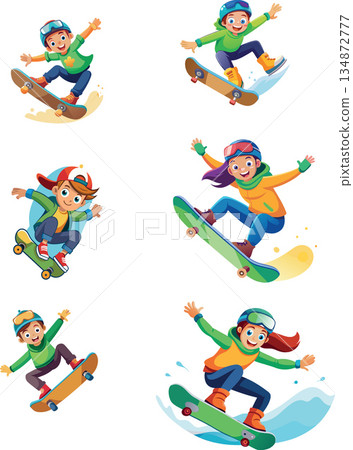 Vsai children skateboarding and having fun cartoon vector set 134872777