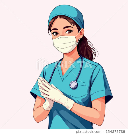 Vsai female healthcare worker wearing mask and gloves Vsai female healthcare worker wearing mask and gloves 134872786