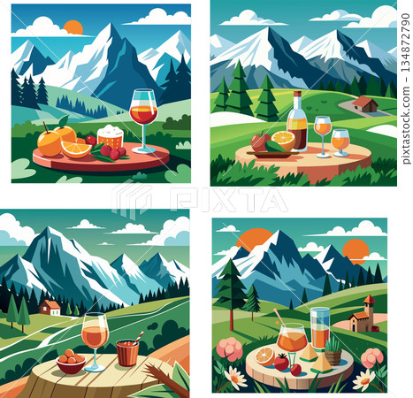 Vsai mountain picnic with drinks in summer landscape 134872790