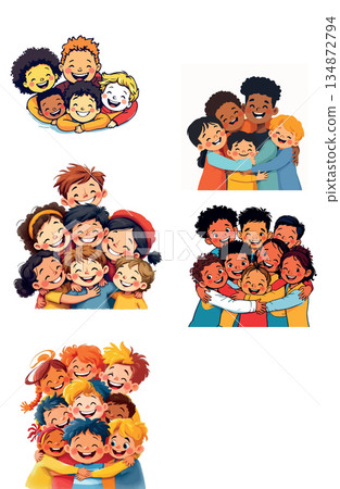 Vsai diverse children group hugging smiling together demonstrating friendship 134872794