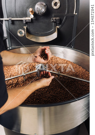 Male hands with fresh roasted coffee beans, checking the quality above the machine drum 134872841