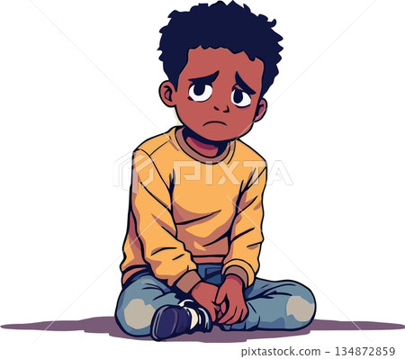 Vsai little boy feeling sad and worried sitting alone 134872859