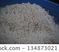 Freshly washed glutinous rice being drained into a colander before cooking 134873021