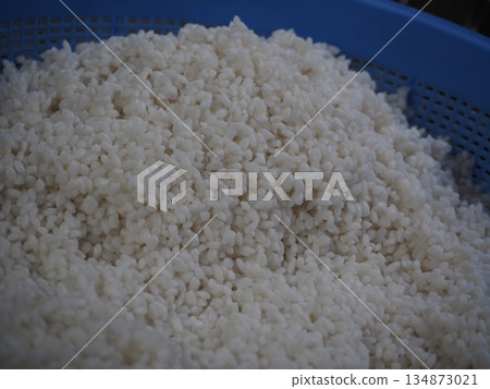 Freshly washed glutinous rice being drained into a colander before cooking Freshly washed glutinous rice being drained into a colander before cooking 134873021