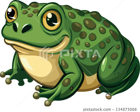 Big green toad smiling and resting on white background 134873088