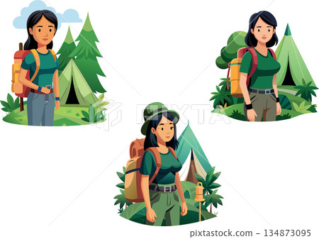 Hiker is smiling while camping in the forest- Hiker is smiling while camping in the forest- 134873095