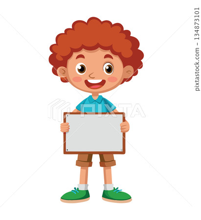 Happy cartoon boy holding blank sign board 134873101