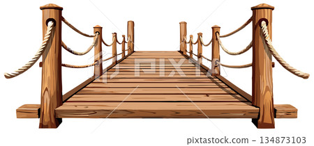 Wooden pier stretching into the distance with rope railing 134873103