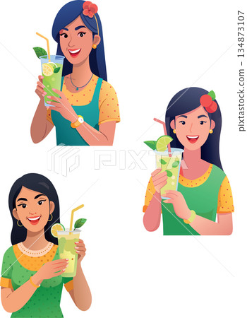 Beautiful young woman holding a glass of lemonade with a straw Beautiful young woman holding a glass of lemonade with a straw 134873107