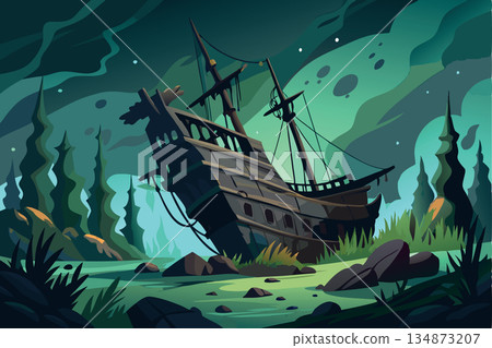 Old wooden ship sinking in swamp at night with green sky Old wooden ship sinking in swamp at night with green sky 134873207