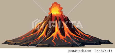 Volcano erupting with molten lava rocks and smoke exploding from its crater Volcano erupting with molten lava rocks and smoke exploding from its crater 134873213