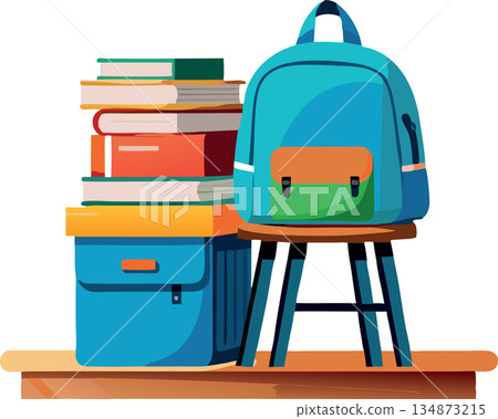 Blue backpack standing near stack of books on wooden stool 134873215