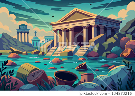 Ancient greek or roman city flooded after natural disaster at sunset 134873216
