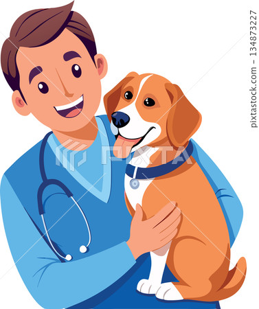 Veterinarian holding smiling beagle dog at vet clinic 134873227