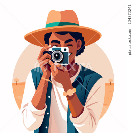 Young male photographer taking pictures with retro camera- Young male photographer taking pictures with retro camera- 134873241